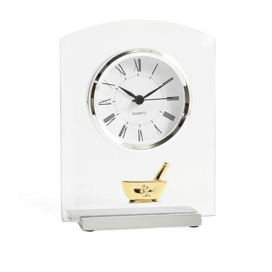 Occasion Gallery Silver Color Pharmacy,, Beveled Glass Quartz Clock with Stainless Steel Accents.  7 L x 5.5 W x 2 H in.