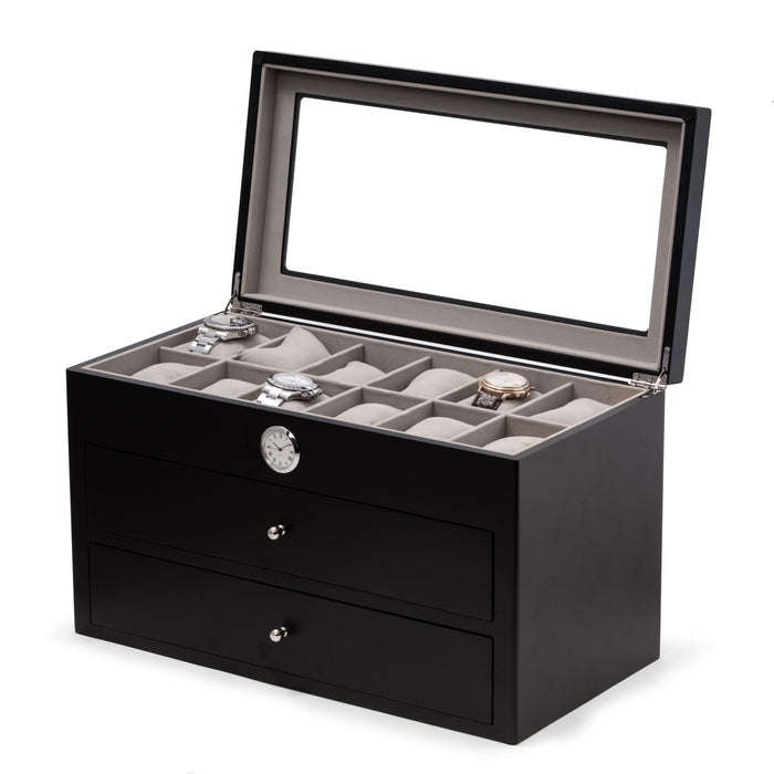 Occasion Gallery Black Color Black wood thirty-six watch box with quartz movement clock 16.25 L x 8.25 W x 9.5 H in.