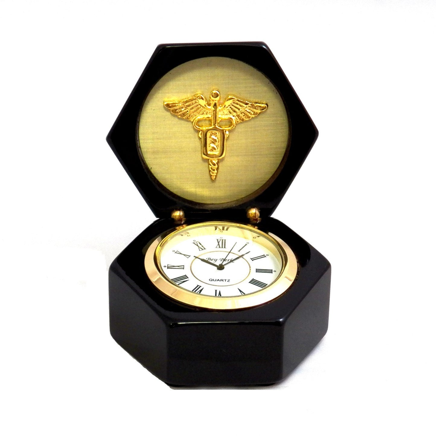 Occasion Gallery Black Color Dental, Lacquered Black Wood Quartz Clock in Box. 3.25 L x 3.25 W x 4 H in.