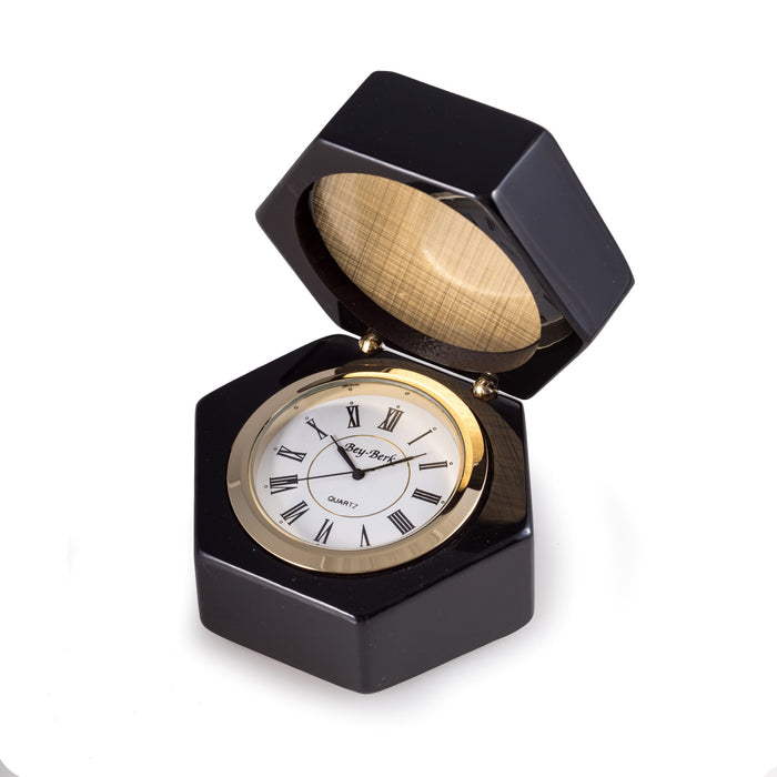 Occasion Gallery Black Color "Stanford", Lacquered "Ebony" Wood Box with Quartz Clock and Picture Frame or Engraving Plate with Brass Accents. 3.25 L x 3.25 W x 4 H in.