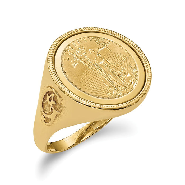 14k Yellow Gold 1/10AE Diamond-cut Coin Ring with coin, Size: 10