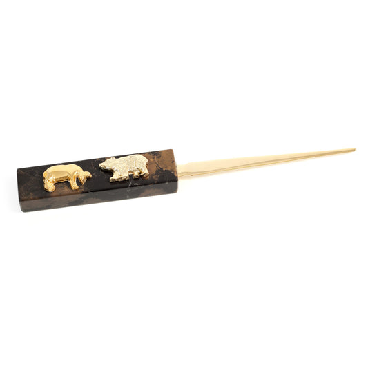 Occasion Gallery Marble/Gold Color Stock Market, "Tiger Eye" Marble with Gold Plated Letter Opener. 8.5 L x 1 W x 0.65 H in.