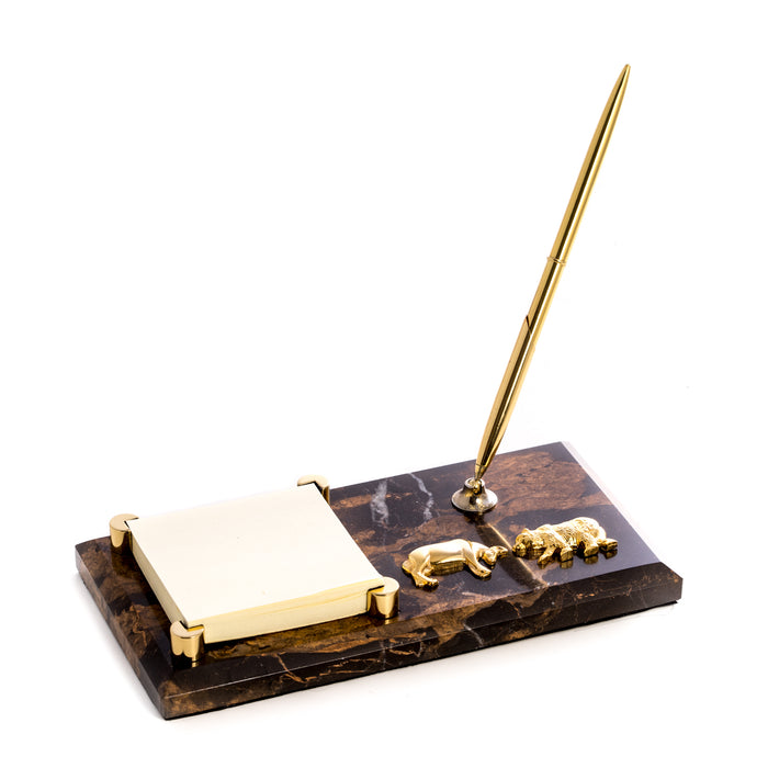 Occasion Gallery Marble/Gold Color Stock Market, "Tiger Eye" Marble with Gold Plated Memo Pad Holder & Pen. 4.75 L x 8 W x 5.8 H in.