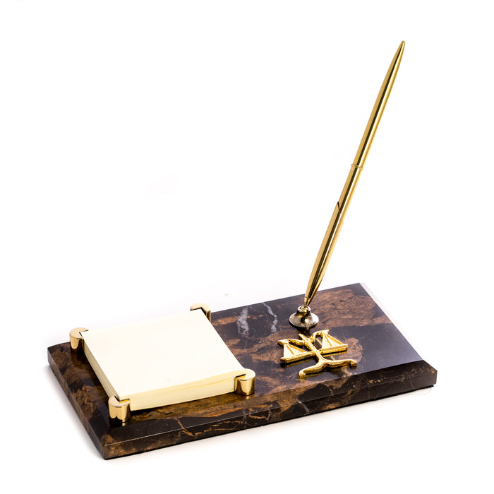 Occasion Gallery Marble/Gold Color Legal, "Tiger Eye" Marble with Gold Plated Memo Pad Holder & Pen. 4.75 L x 8 W x 5.8 H in.