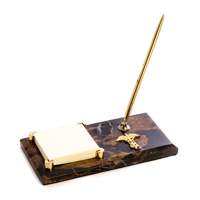 Occasion Gallery Marble/Gold Color Medical, "Tiger Eye" Marble with Gold Plated Memo Pad Holder & Pen. 4.75 L x 8 W x 5.8 H in.