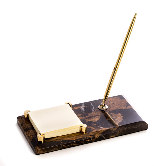 Occasion Gallery Marble/Gold Color "Tiger Eye" Marble with Gold Plated Memo Pad Holder & Pen. 4.75 L x 8 W x 5.8 H in.