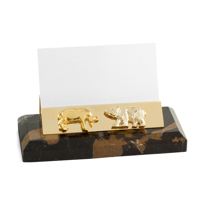 Occasion Gallery Marble/Gold Color Stock Market, "Tiger Eye" Marble with Gold Plated Business Card Holder. 5 L x 2 W x 1.5 H in.