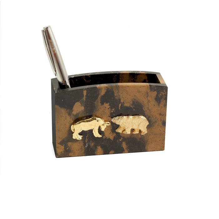 Occasion Gallery Marble/Gold Color Stock Market, "Tiger Eye" Marble Pen Cup with Gold Plated Accents. 4.5 L x 1.75 W x 3 H in.