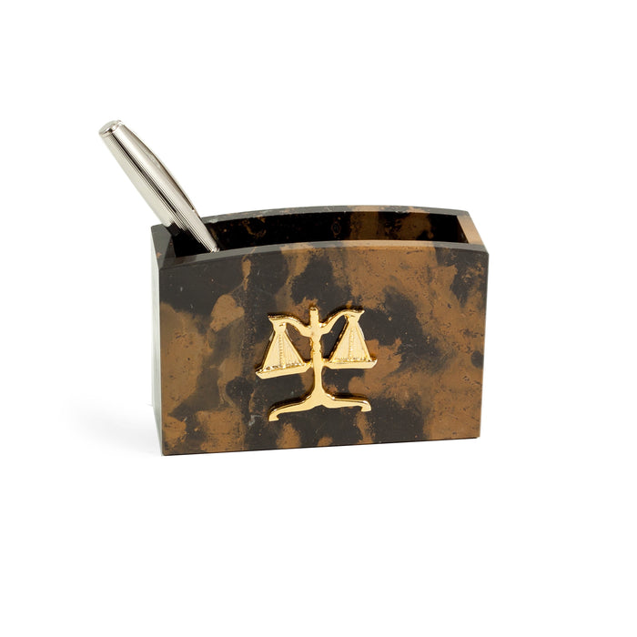 Occasion Gallery Marble/Gold Color Legal, "Tiger Eye" Marble Pen Cup with Gold Plated Accents. 4.5 L x 1.75 W x 3 H in.