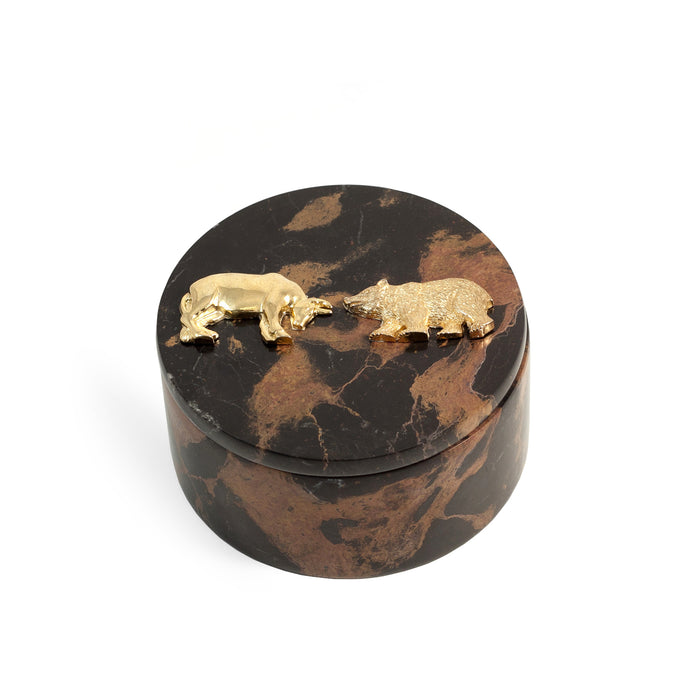 Occasion Gallery Marble/Gold Color Stock Market, "Tiger Eye" Marble Round Box with Gold Plated Accents.  L x 4 W x 2 H in.