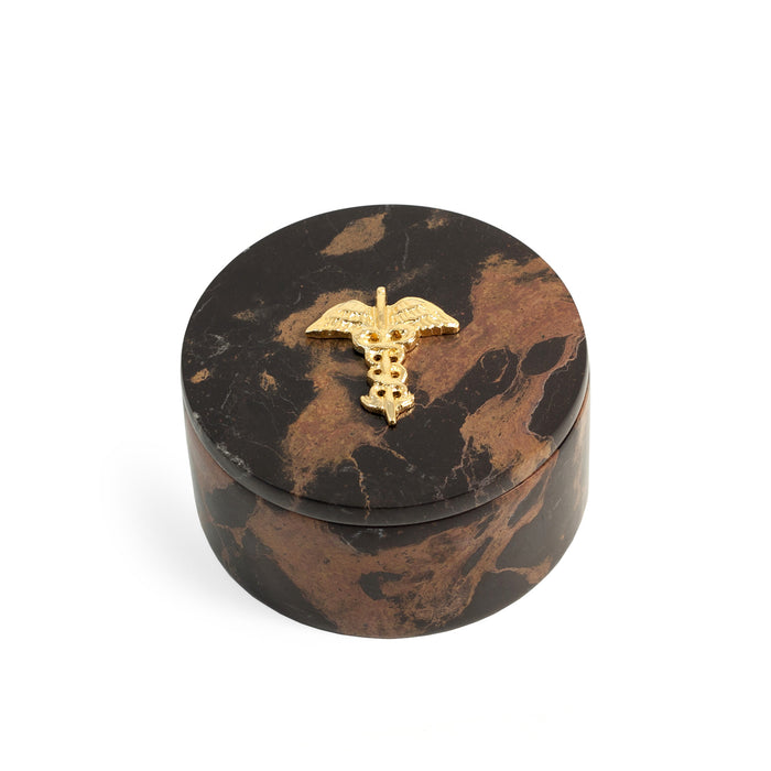 Occasion Gallery Marble/Gold Color Medical, "Tiger Eye" Marble Round Box with Gold Plated Accents.  L x 4 W x 2 H in.