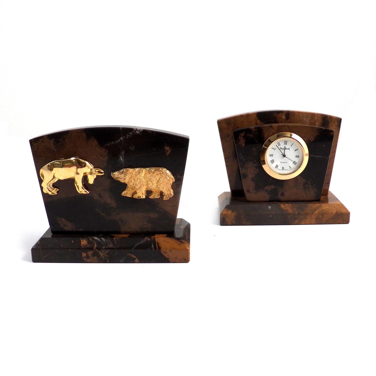 Occasion Gallery Marble/Gold Color Stock Market, "Tiger Eye" Marble with Gold Plated Accents Quartz Clock & Letter Rack. 4 L x 2 W x 3.35 H in.