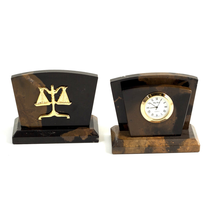 Occasion Gallery Marble/Gold Color Legal, "Tiger Eye" Marble with Gold Plated Accents Quartz Clock & Letter Rack. 4 L x 2 W x 3.35 H in.