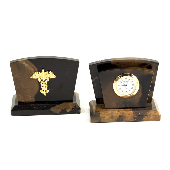 Occasion Gallery Marble/Gold Color Medical, "Tiger Eye" Marble with Gold Plated Accents Quartz Clock & Letter Rack. 4 L x 2 W x 3.35 H in.