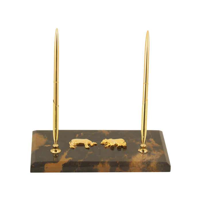 Occasion Gallery Marble/Gold Color Stock Market, "Tiger Eye" Marble with Gold Plated Double Pen Stand. 4.75 L x 8 W x 5.8 H in.