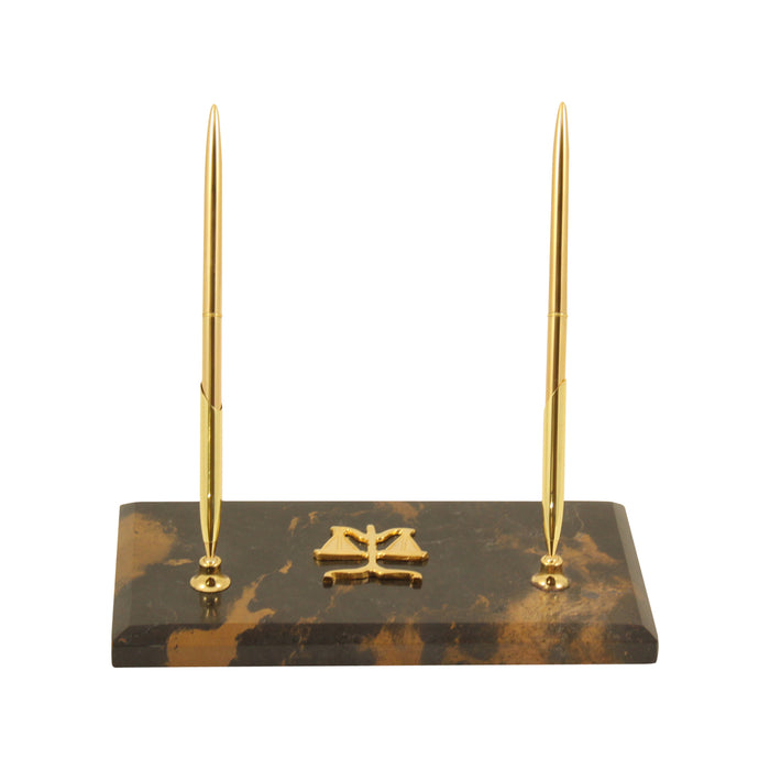 Occasion Gallery Marble/Gold Color Legal, "Tiger Eye" Marble with Gold Plated Double Pen Stand. 4.75 L x 8 W x 5.8 H in.