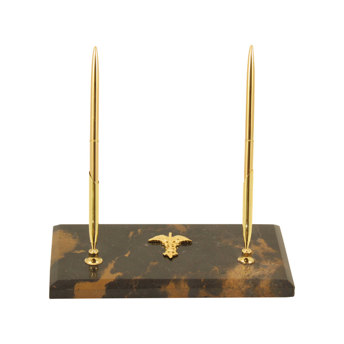 Occasion Gallery Marble/Gold Color Medical, "Tiger Eye" Marble with Gold Plated Double Pen Stand. 4.75 L x 8 W x 5.8 H in.