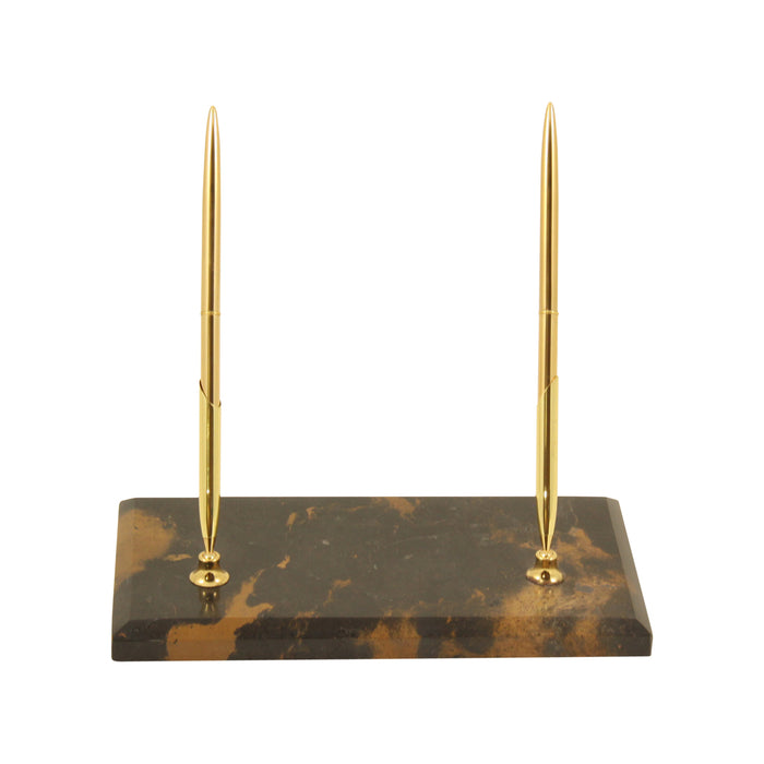 Occasion Gallery Marble/Gold Color "Tiger Eye" Marble with Gold Plated Double Pen Stand. 4.75 L x 8 W x 5.8 H in.