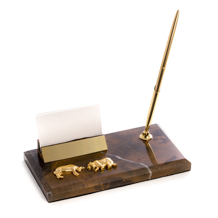 Occasion Gallery Marble/Gold Color Stock Market, "Tiger Eye" Marble with Gold Plated Business Card Holder & Pen. 4.75 L x 8 W x 5.8 H in.
