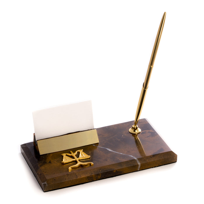 Occasion Gallery Marble/Gold Color Legal, "Tiger Eye" Marble with Gold Plated Business Card Holder & Pen. 4.75 L x 8 W x 5.8 H in.