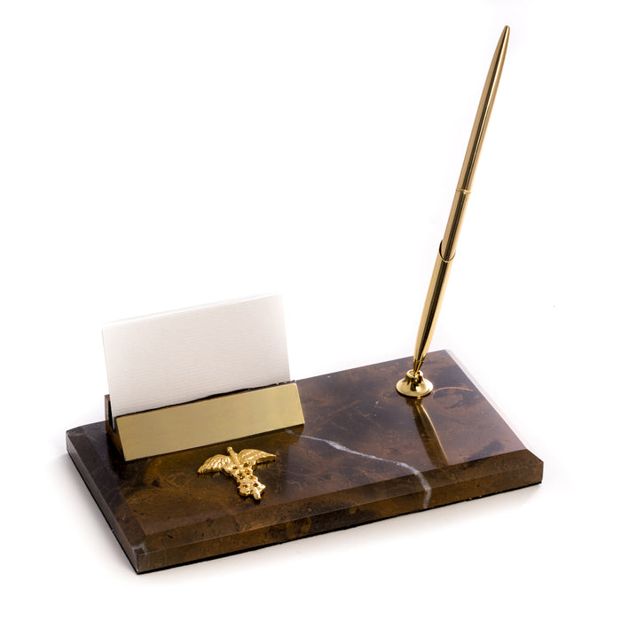 Occasion Gallery Marble/Gold Color Medical, "Tiger Eye" Marble with Gold Plated Business Card Holder & Pen. 4.75 L x 8 W x 5.8 H in.