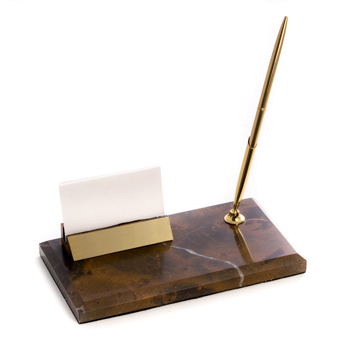 Occasion Gallery Marble/Gold Color "Tiger Eye" Marble with Gold Plated Business Card Holder & Pen. 4.75 L x 8 W x 5.8 H in.