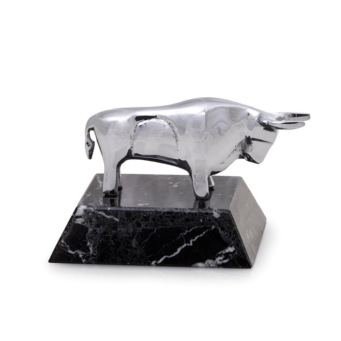 Occasion Gallery Black Zebra Marble Color Chrome Plated Bull Paperweight on Black "Zebra" Marble Base. 4 L x 4 W x 2.25 H in.