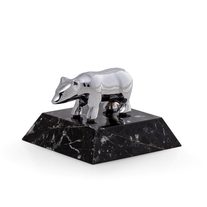 Occasion Gallery Black Zebra Marble Color Chrome Plated Bear Paperweight on Black "Zebra" Marble Base. 4 L x 4 W x 2.25 H in.