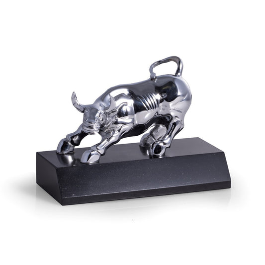 Occasion Gallery Black Color Chrome Plated Bull Sculpture on Black Marble Base. 6.5 L x 3 W x 4 H in.