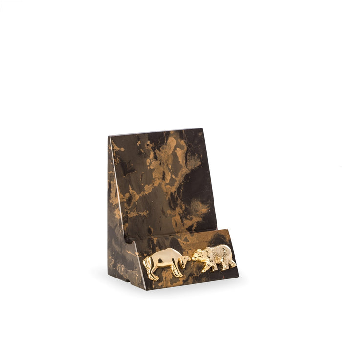 Occasion Gallery Brown Color Stock Market, "Tiger Eye" Marble Desktop Phone / Tablet Cradle with a Pass-thru Hole for Charging Cable. 3.25 L x 2.5 W x 4.5 H in.