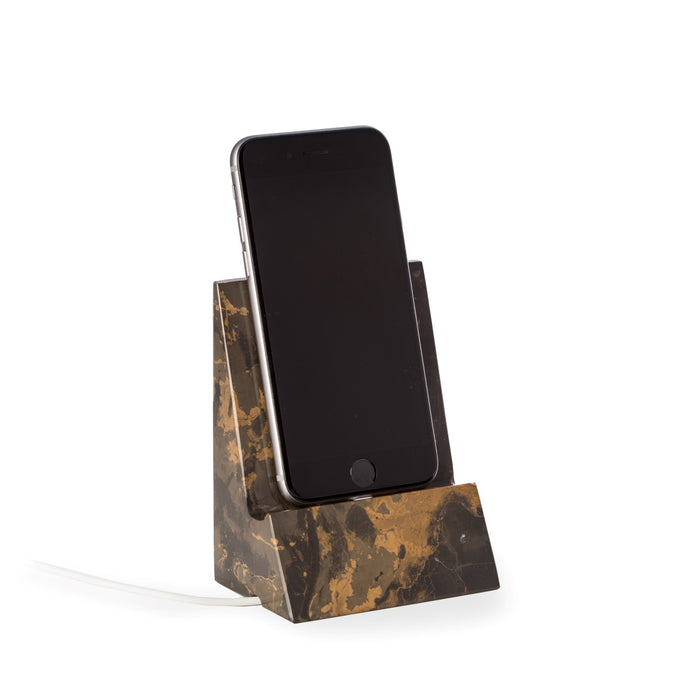 Occasion Gallery Brown Color "Tiger Eye" Marble Desktop Phone / Tablet Cradle with a Pass-thru Hole for Charging Cable. 3.25 L x 2.5 W x 4.5 H in.