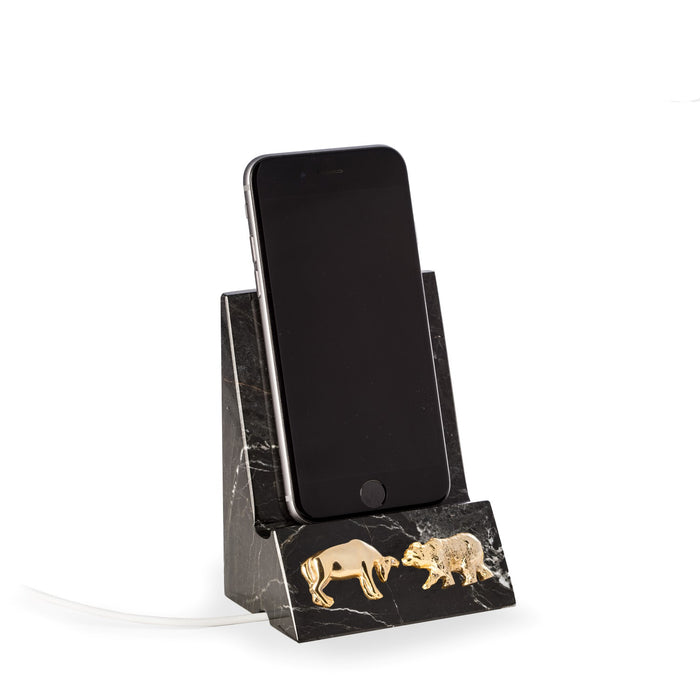 Occasion Gallery BLACK Color Black "Zebra" Marble Desktop Phone / Tablet Cradle with a Pass-thru Hole for Charging Cable. With Brass Bull and Bear Insignia.  3.25 L x 2.5 W x 4.5 H in.