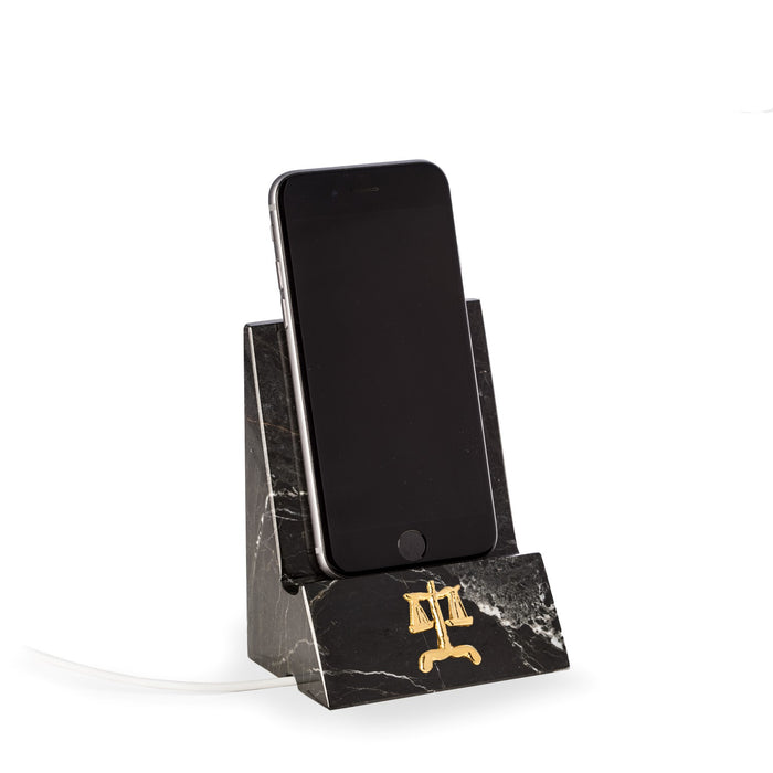 Occasion Gallery BLACK Color Black "Zebra" Marble Desktop Phone / Tablet Cradle with a Pass-thru Hole for Charging Cable. With Brass Legal Insignia.  3.25 L x 2.5 W x 4.25 H in.