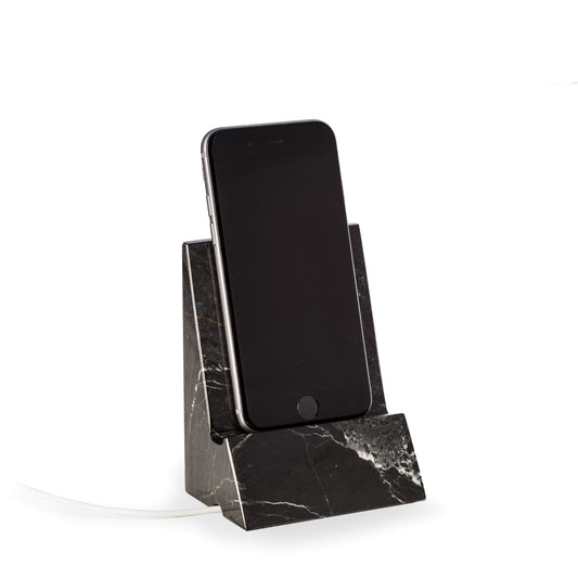 Occasion Gallery Black Color Black "Zebra" Marble Desktop Phone / Tablet Cradle with a Pass-thru Hole for Charging Cable. 3.25 L x 2.5 W x 4.5 H in.