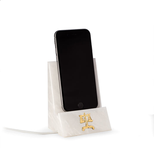 Occasion Gallery WHITE Color White Marble Desktop Phone / Tablet Cradle with a Pass-thru Hole for Charging Cable. With Brass Legal Insignia.  3.25 L x 2.5 W x 4.5 H in.
