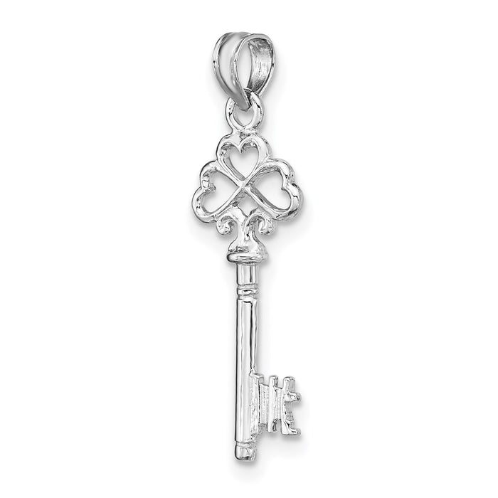 Million Charms 14K White Gold Themed 3-D Key With Hearts Charm