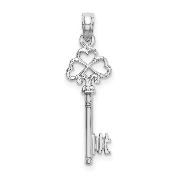 Million Charms 14K White Gold Themed 3-D Key With Hearts Charm