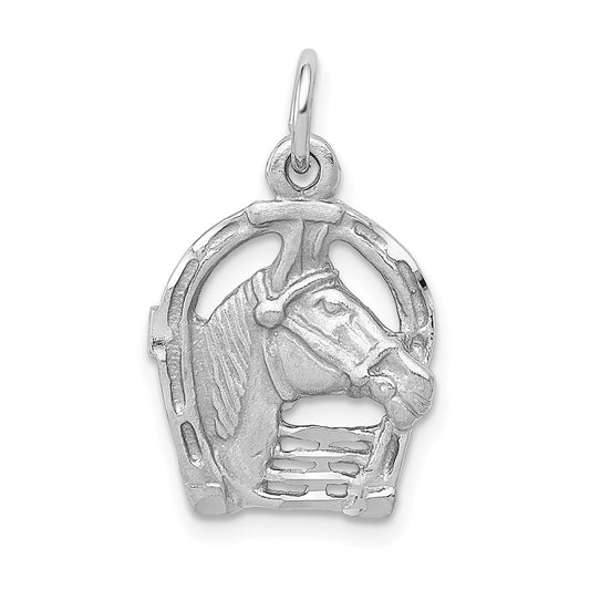 Million Charms 14K White Gold Themed Diamond-Cut Horse Head In Horseshoe Charm