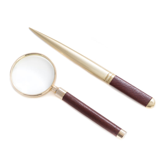 Occasion Gallery Tan Color Tan Leather Handled Magnifier (3X magnification) and Letter Opener Gift Set with Gold Accents.   2.5 L x 7.25 W x 0.5 H in.