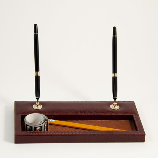 Occasion Gallery Tan/Gold Color Tan Leather Double Pen Stand with Gold Plated Accents. 11 L x 5.25 W x 1 H in.
