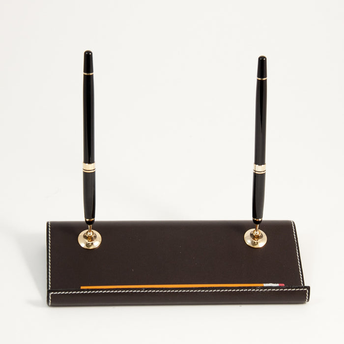 Occasion Gallery Brown Color Coco Brown Leather Double Pen Stand with Gold Plated Accents. 9.5 L x 4 W x 1 H in.