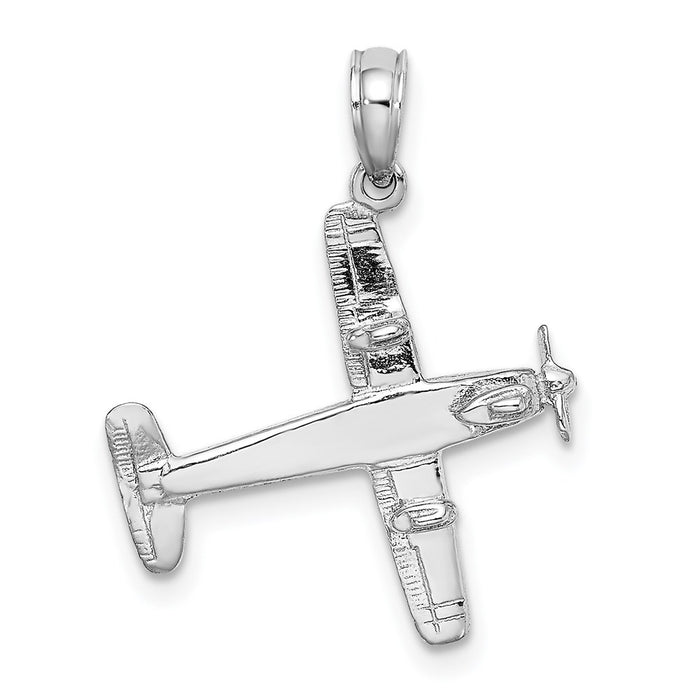 Million Charms 14K White Gold Themed 3-D Low-Wing Airplane Pendant