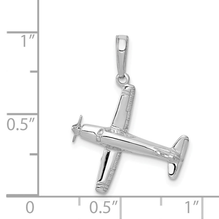 Million Charms 14K White Gold Themed 3-D Low-Wing Airplane Pendant