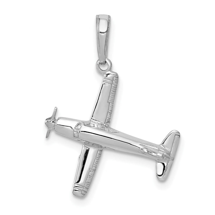 Million Charms 14K White Gold Themed 3-D Low-Wing Airplane Pendant