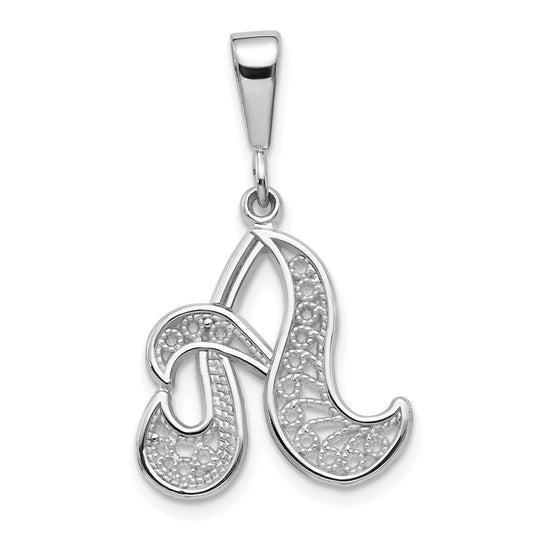 Million Charms 14K White Gold Themed Solid Polished Filigree Alphabet Letter Initial A Pendant