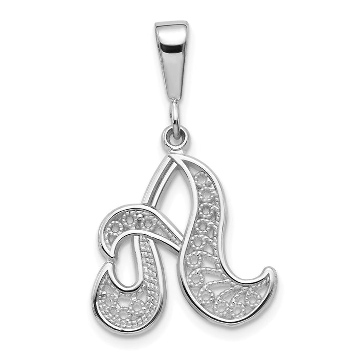 Million Charms 14K White Gold Themed Solid Polished Filigree Alphabet Letter Initial A Pendant