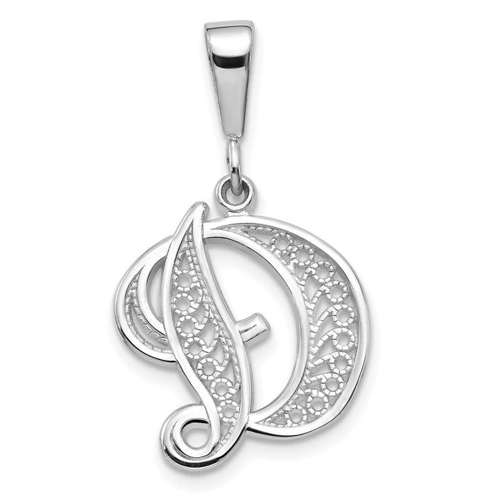 Million Charms 14K White Gold Themed Solid Polished Filigree Alphabet Letter Initial D Pendant