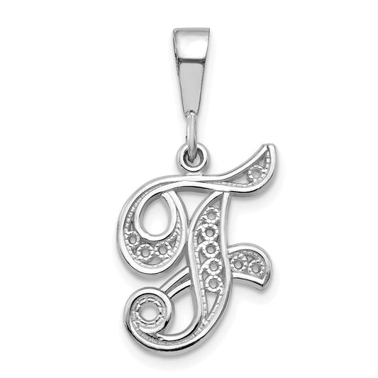 Million Charms 14K White Gold Themed Solid Polished Filigree Alphabet Letter Initial F Pendant