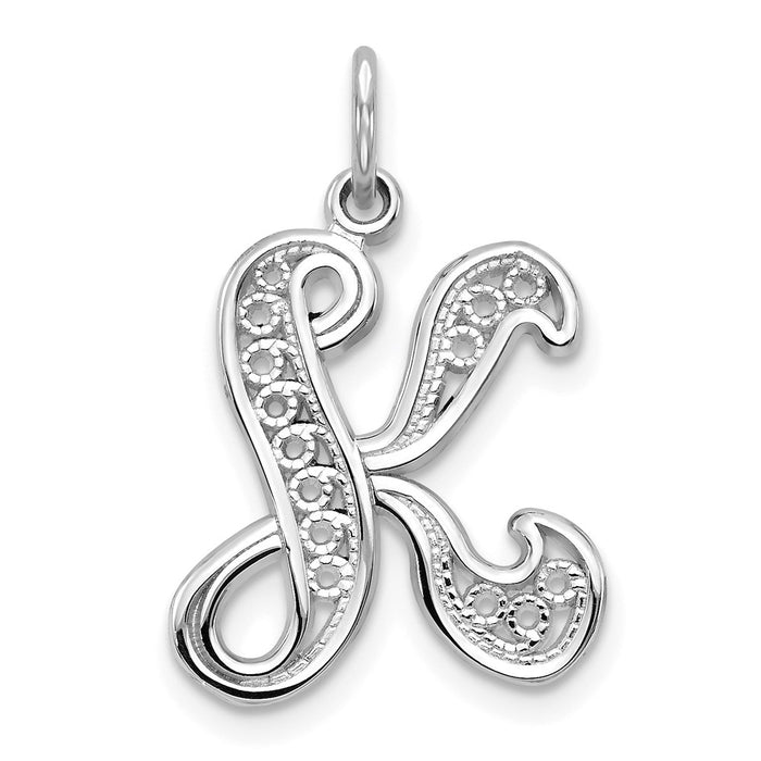 Million Charms 14K White Gold Themed Solid Polished Filigree Alphabet Letter Initial K Pendant