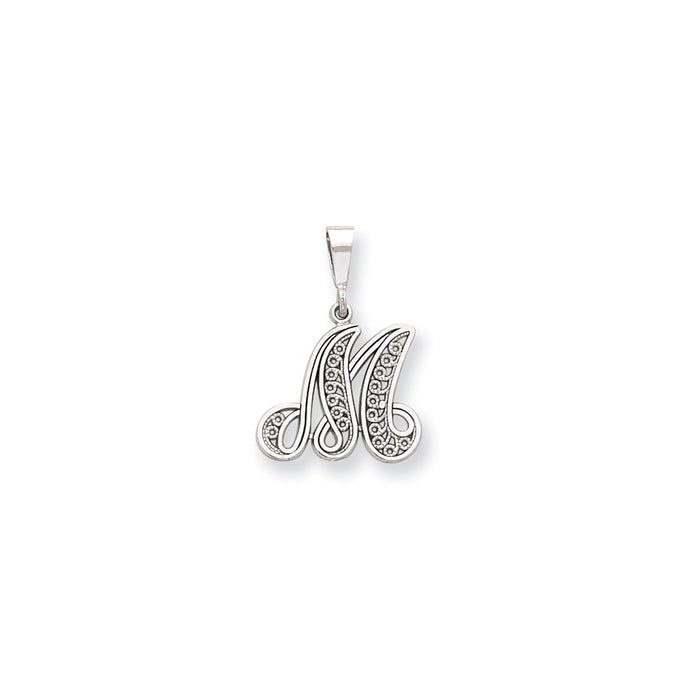 Million Charms 14K White Gold Themed Solid Polished Filigree Alphabet Letter Initial M Pendant